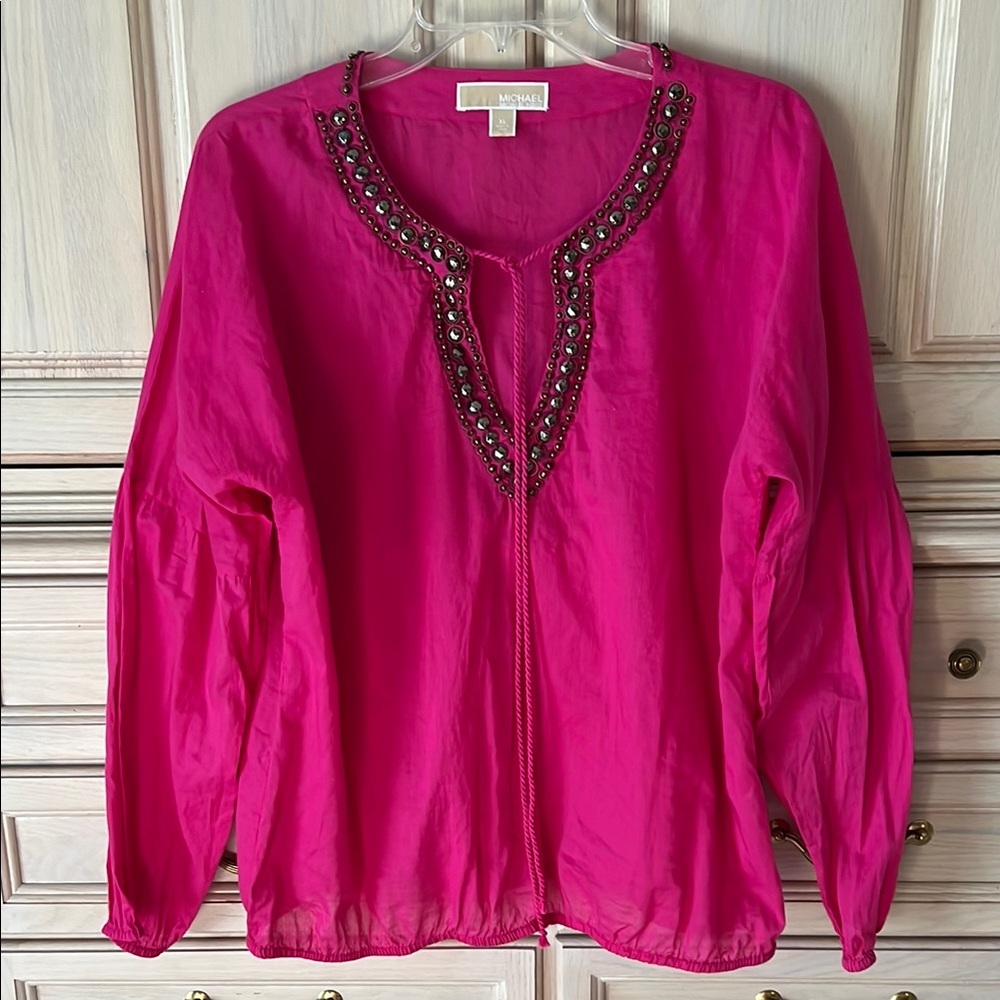KORS Michael Kors Pink Embellished Long Skeeve Blouse